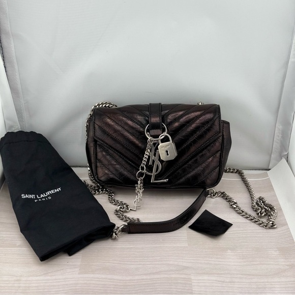 Saint Laurent Black and Silver Crossbody Bag with Chevron Quilting - Picture 1 of 13